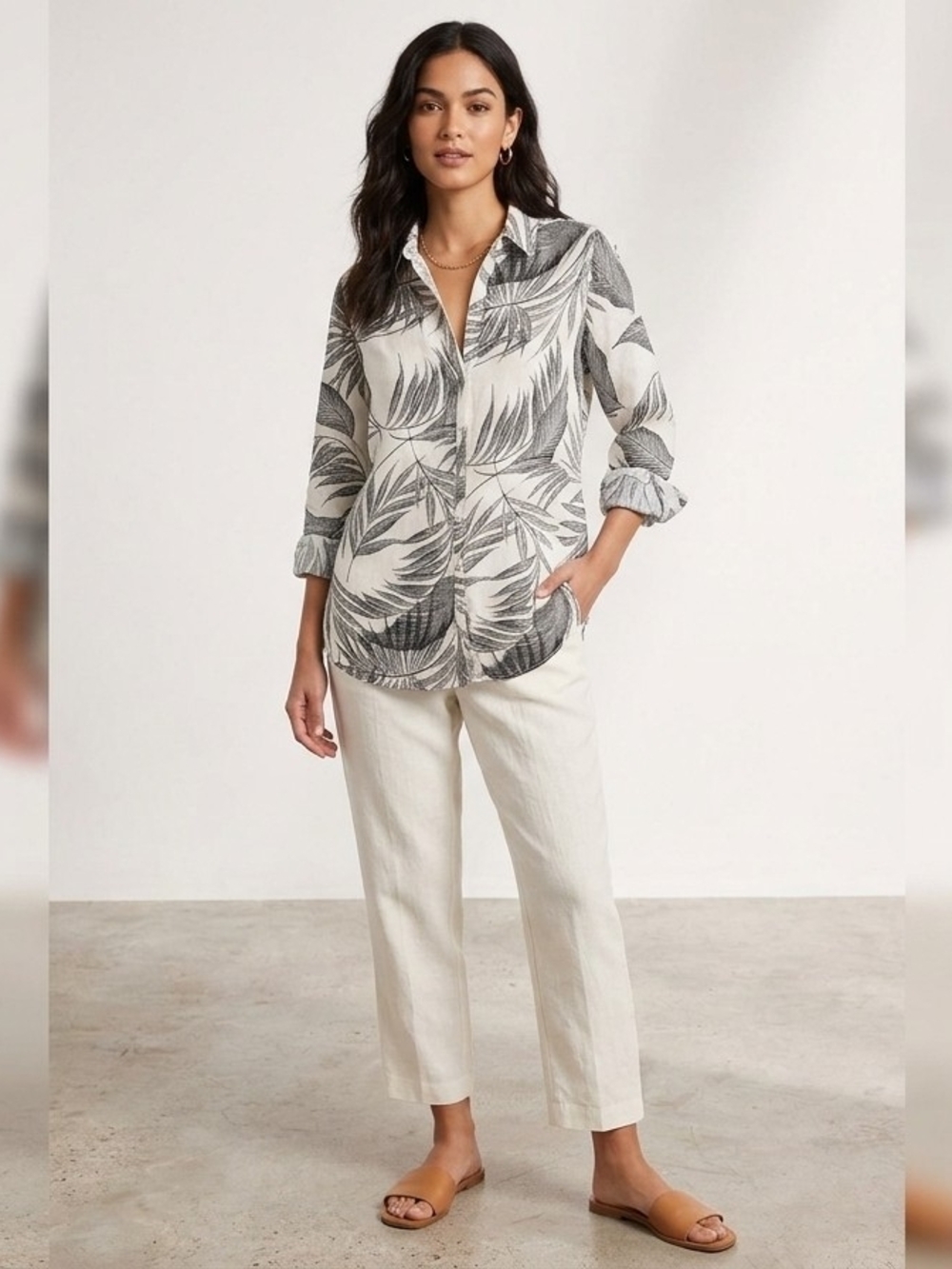 Tahari 100% Linen Long Sleeve Button Down Shirt Size L Palm Tropical Resortwear